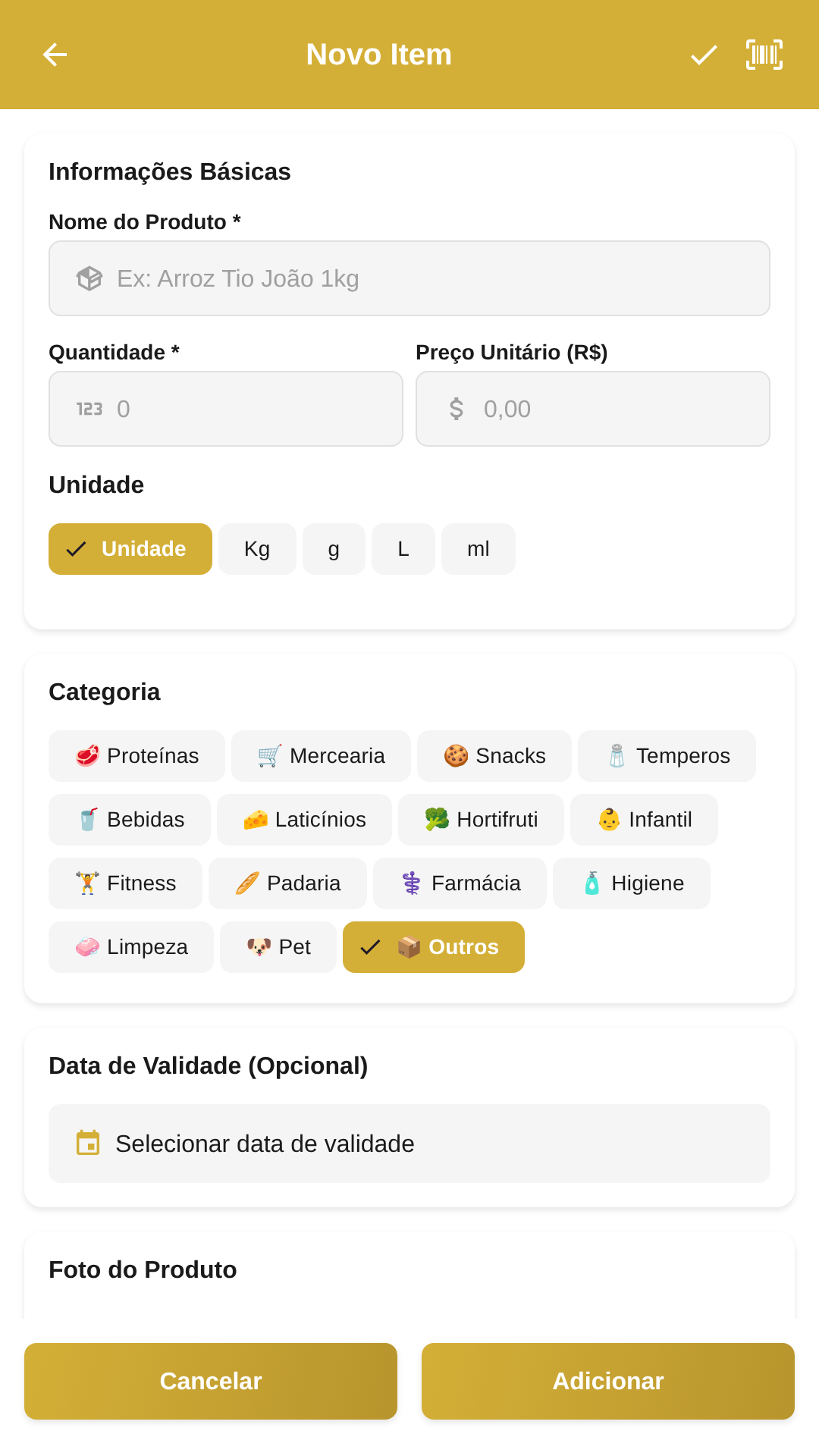 Adicionando produto com preço e quantidade